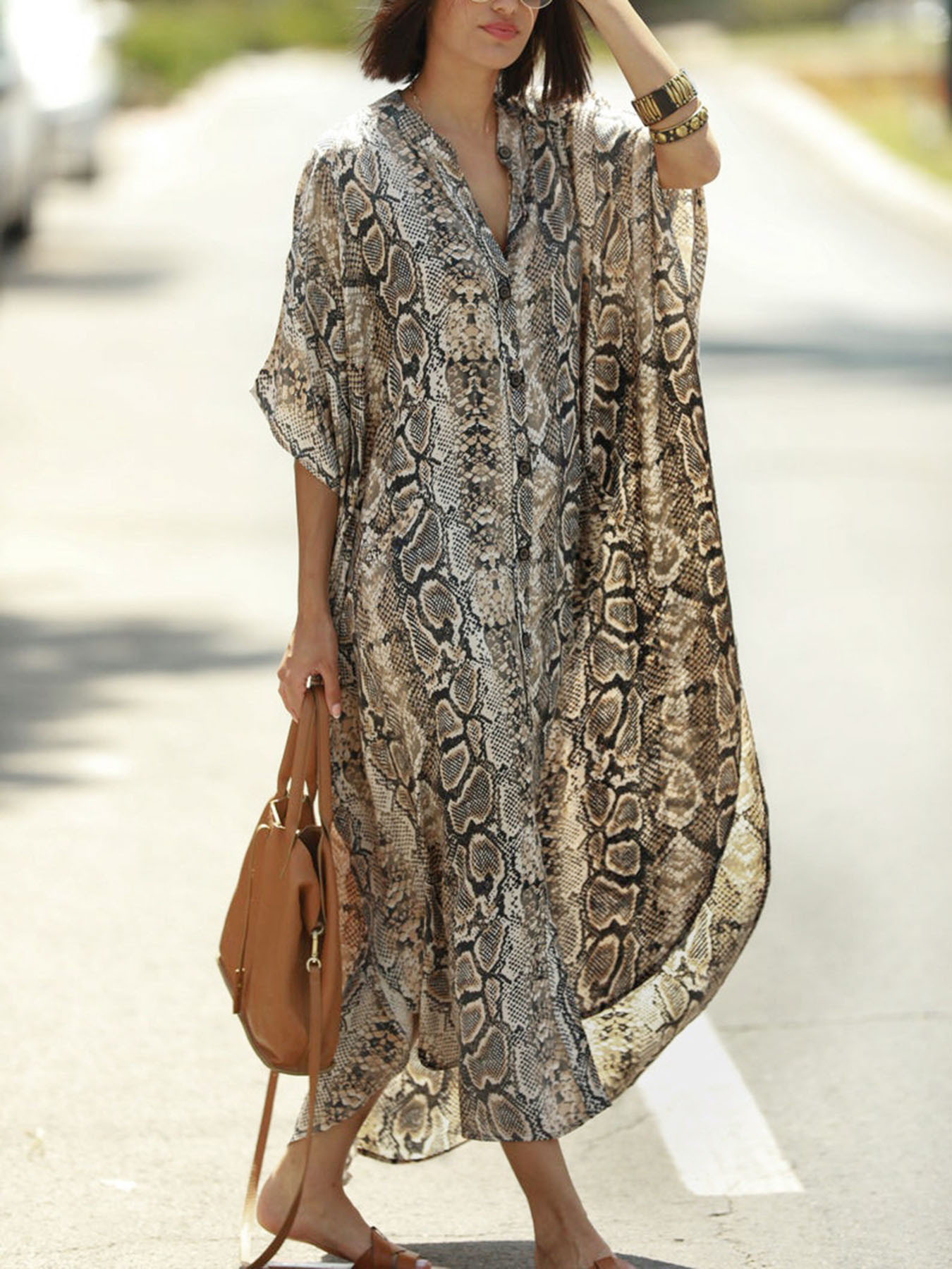 Embroidery Kaftan - Bohemian Print Beach Cover-Up | Button-Front