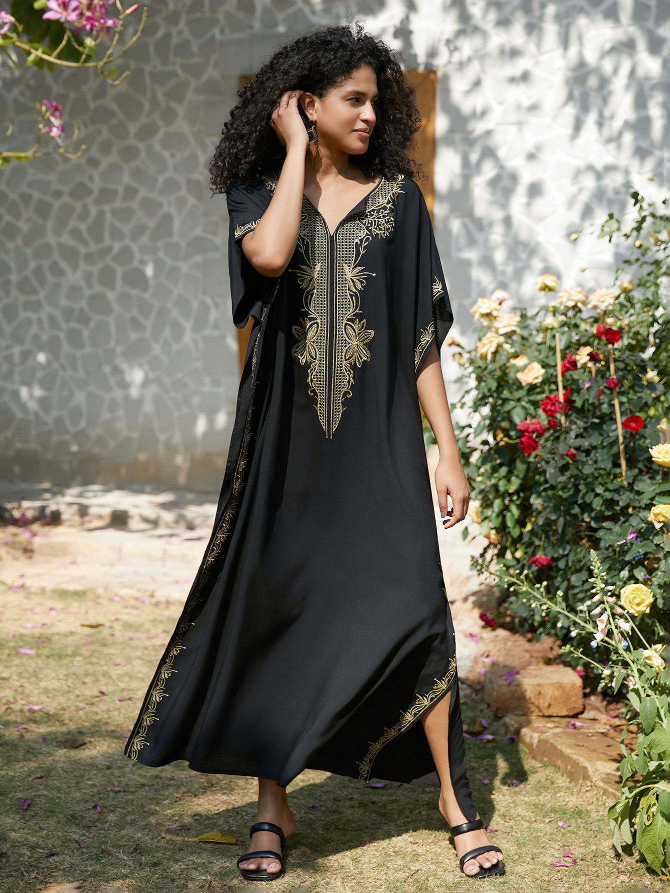Embroidery Kaftan - Swimsuit Cover Ups Embroidery V Neck