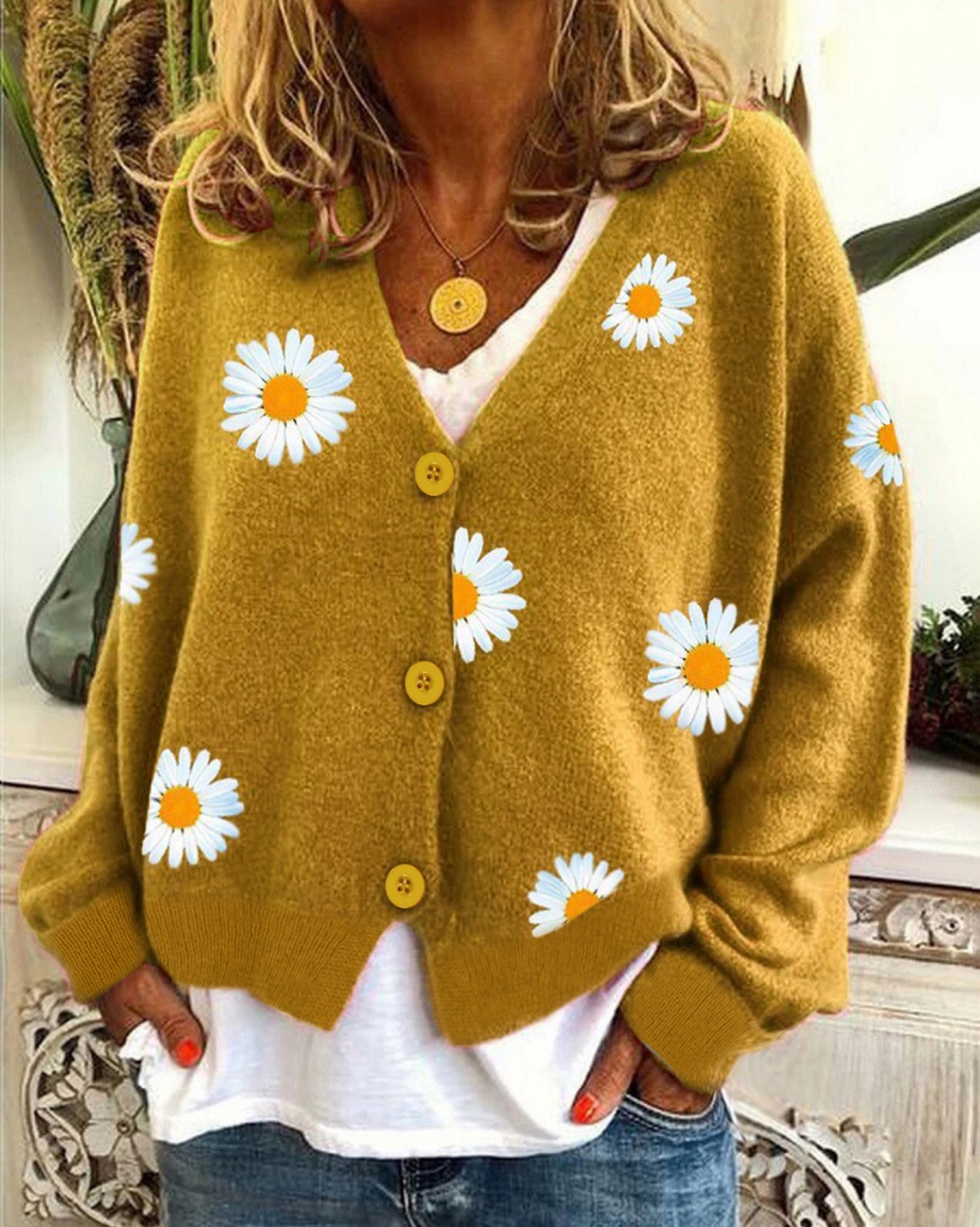Embroidery Daisy - Women's Mustard Yellow Daisy Embroidered V-Neck