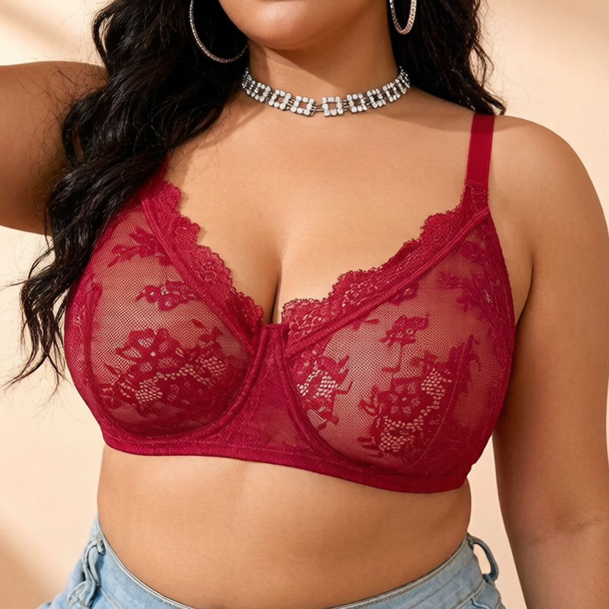 Women Plus Size Red Lace Sheer - Embroidery Red のレビューと価格