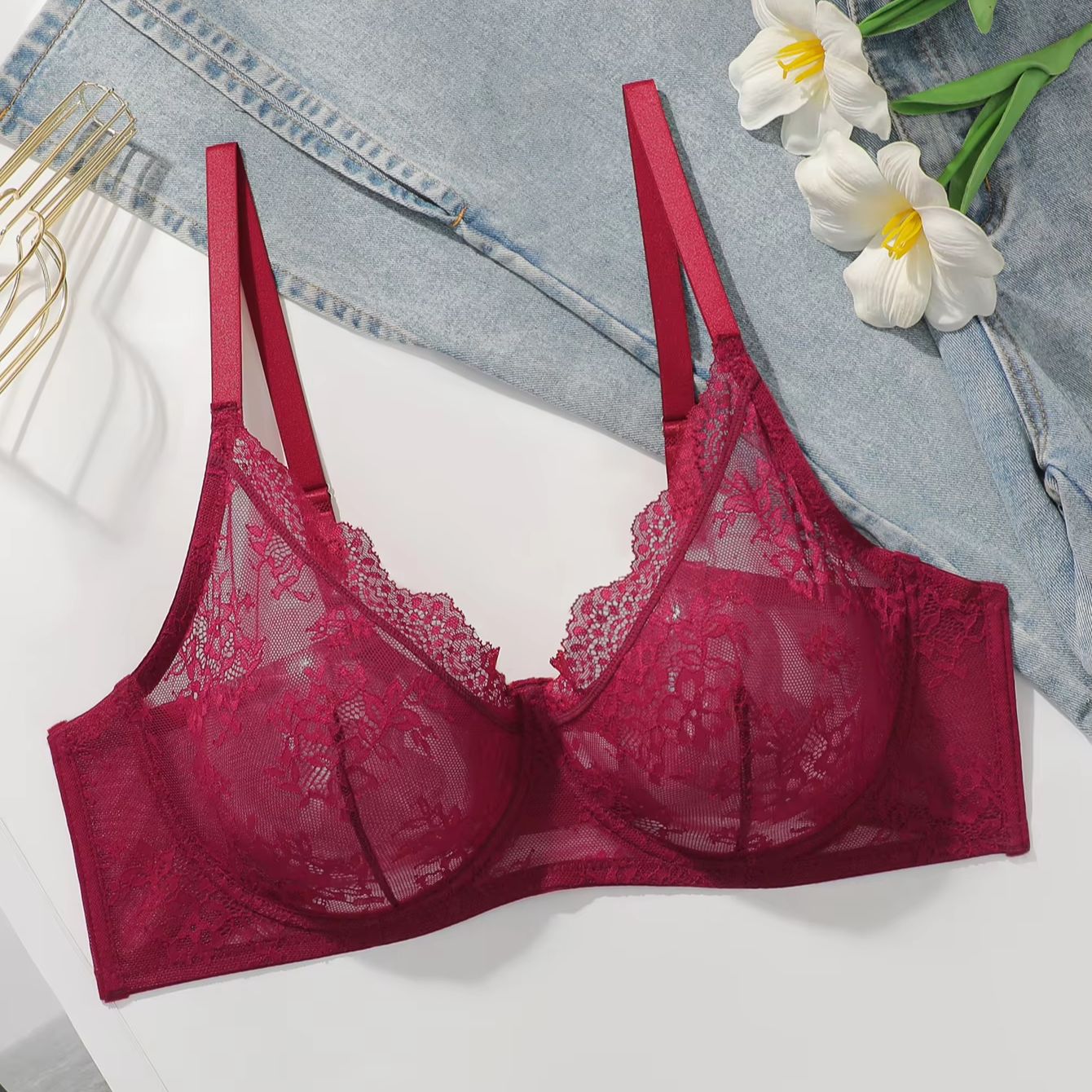 Women Plus Size Red Lace Sheer - Embroidery Red のレビューと価格