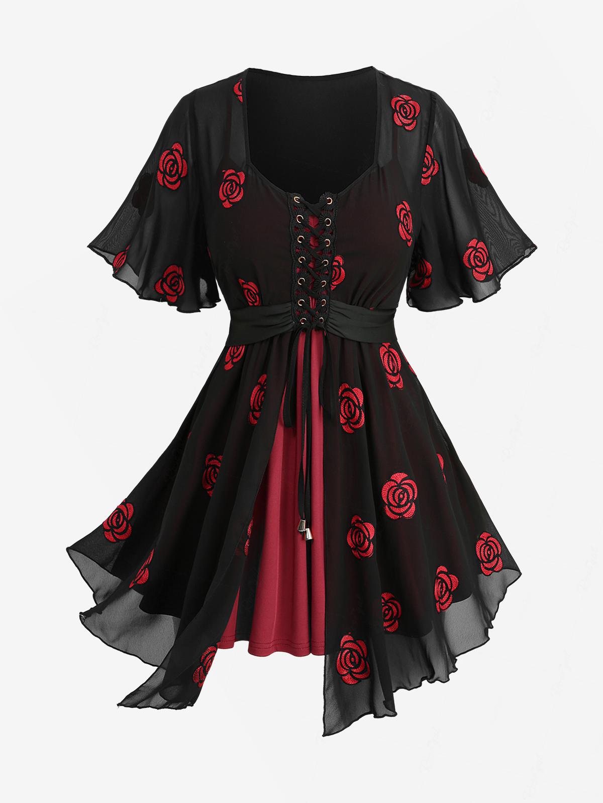 Plus Size 2-in-1 Tops Rose Flo - Embroidery Roses のレビューと価格