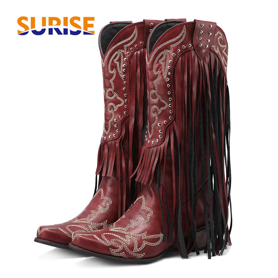 Western Cowboy Mid-calf Boots  - Embroidery Red のレビューと価格