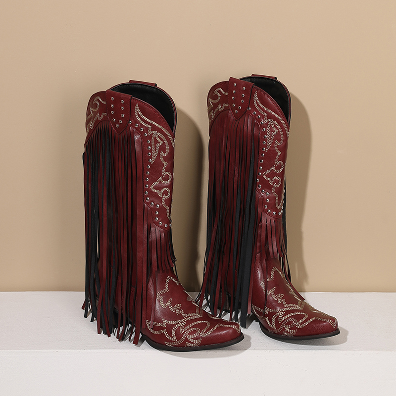 Western Cowboy Mid-calf Boots  - Embroidery Red のレビューと価格
