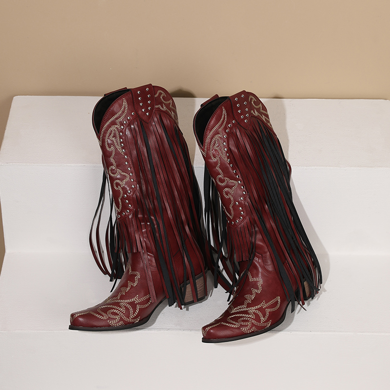 Western Cowboy Mid-calf Boots  - Embroidery Red のレビューと価格